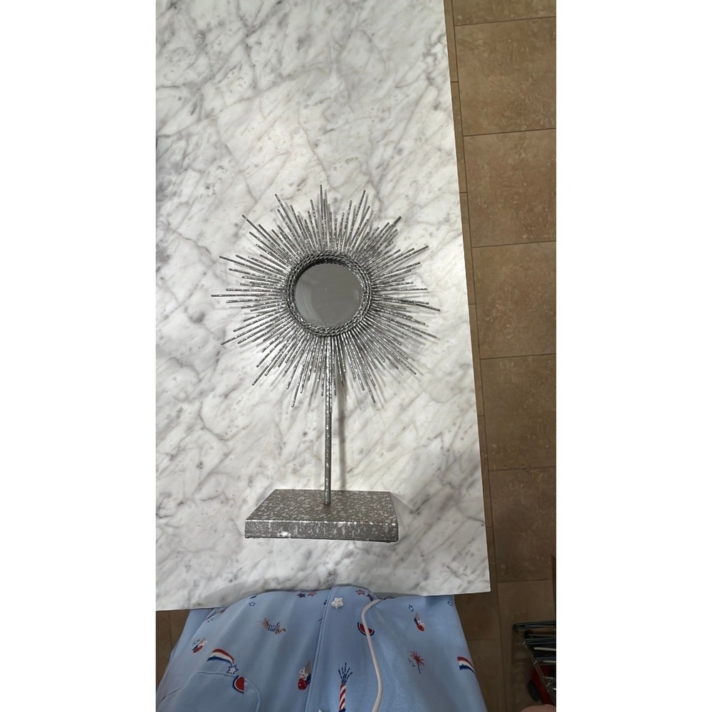 Silver Sunburst Pedestal Mirror Tabletop Decor Mid Century Modern Style